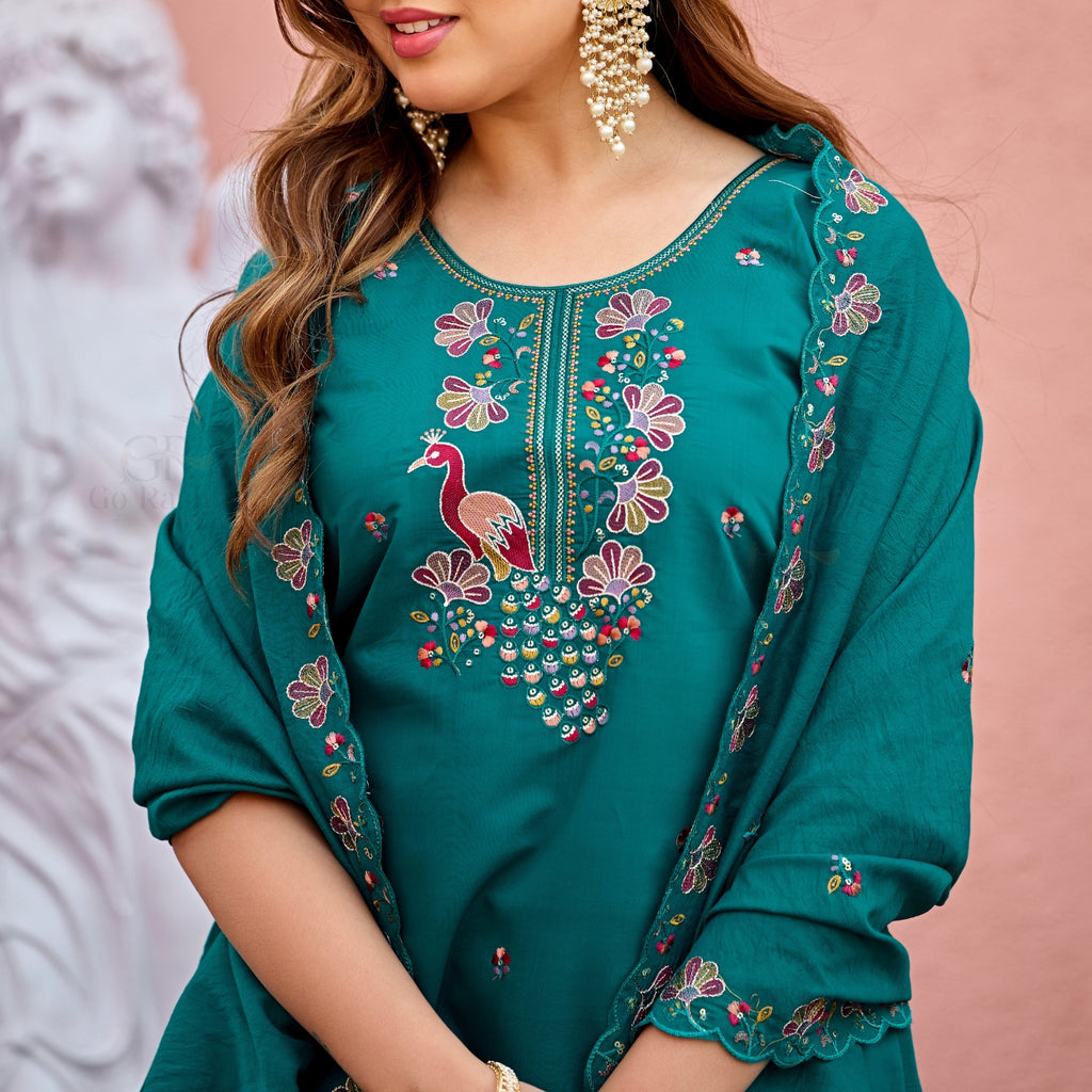 Mayura | Roman Silk Peacock Embroidered Kurta Palazzo Set with Dupatta Teal Green