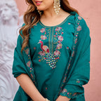 Mayura | Roman Silk Peacock Embroidered Kurta Palazzo Set with Dupatta Teal Green