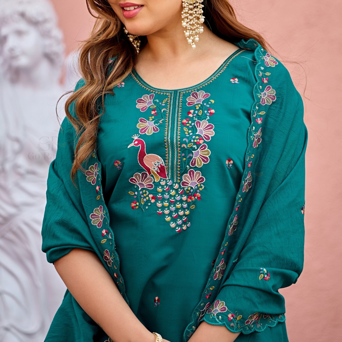 Mayura | Roman Silk Peacock Embroidered Kurta Palazzo Set with Dupatta Teal Green