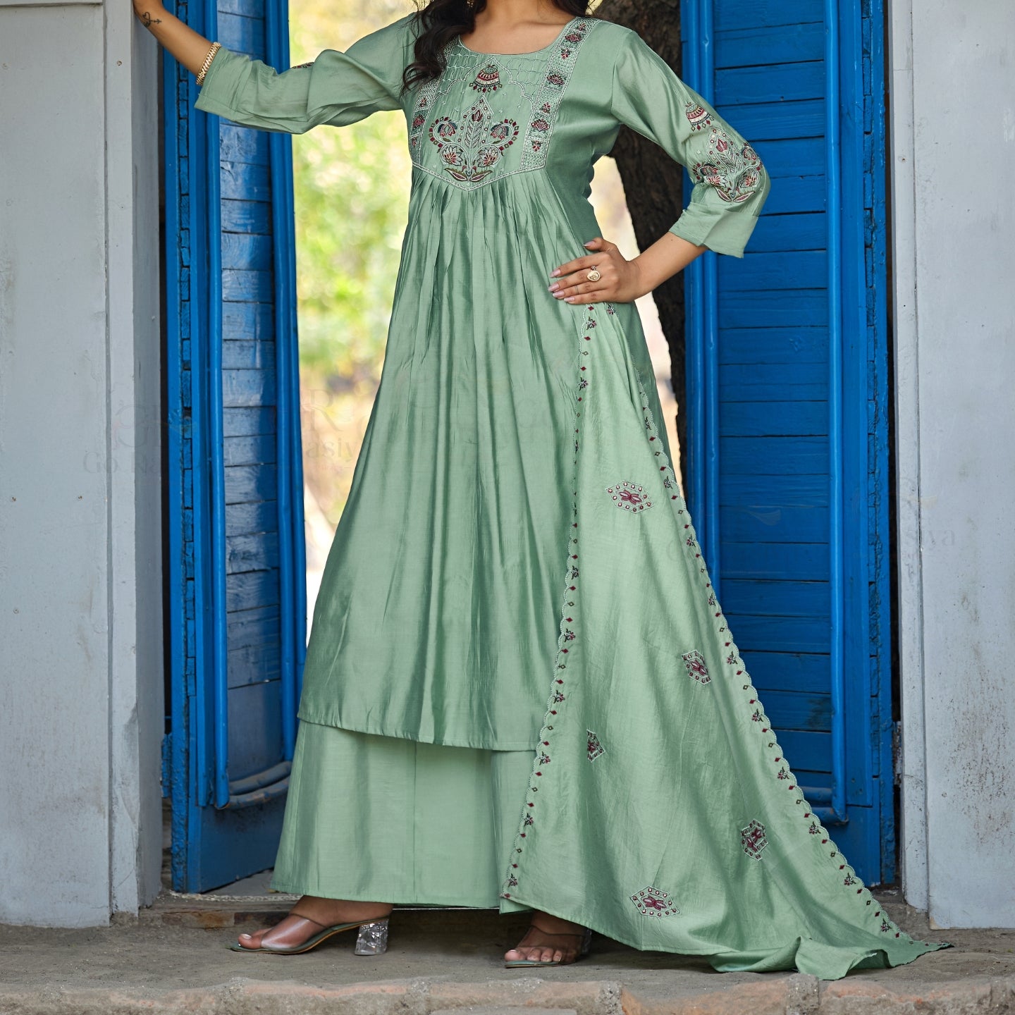 Green Roman Silk Intricate Embroidery Kurta Palazzo Set with Dupatta