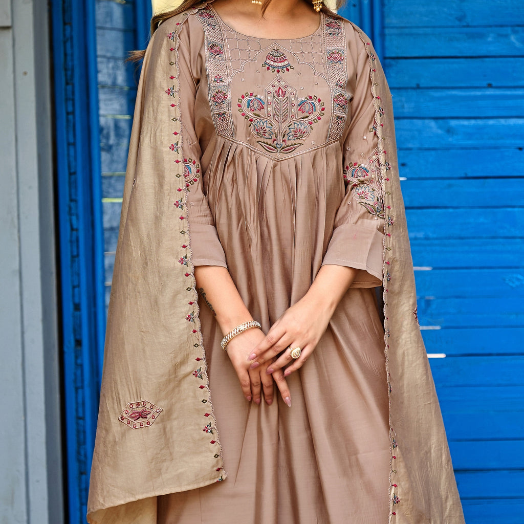 Mocha Beige Roman Silk Intricate Embroidery Kurta Palazzo Set with Dupatta