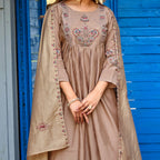 Mocha Beige Roman Silk Intricate Embroidery Kurta Palazzo Set with Dupatta
