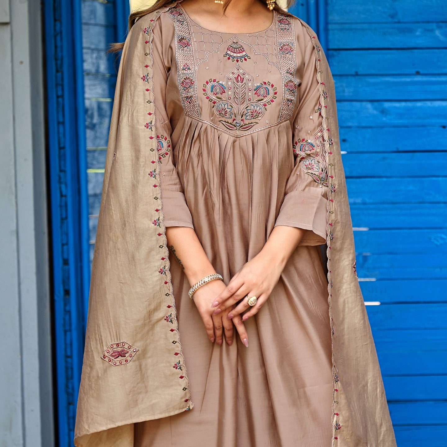 Mocha Beige Roman Silk Intricate Embroidery Kurta Palazzo Set with Dupatta