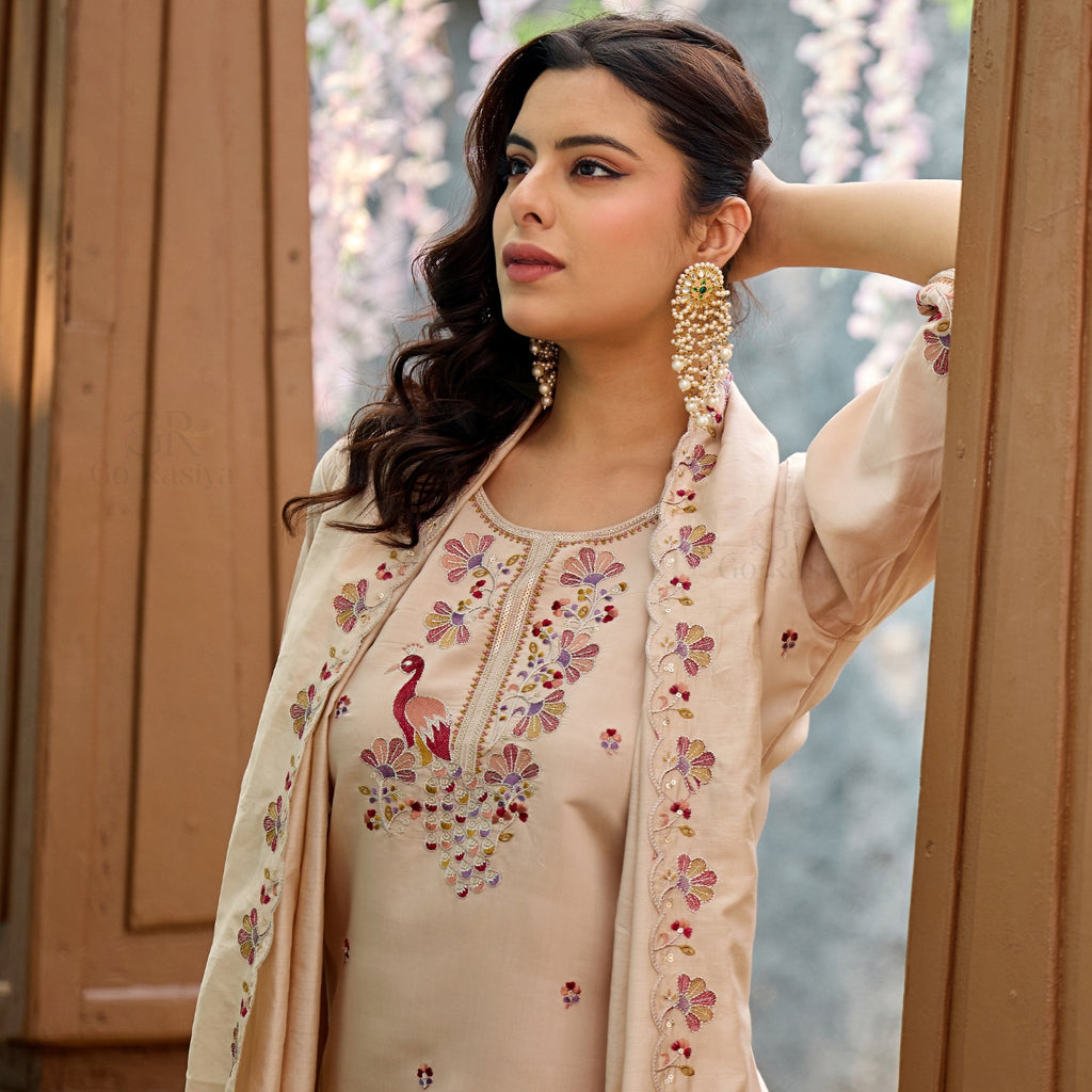 Mayura | Roman Silk Peacock Embroidered Kurta Palazzo Set with Dupatta Cream