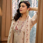 Mayura | Roman Silk Peacock Embroidered Kurta Palazzo Set with Dupatta Cream