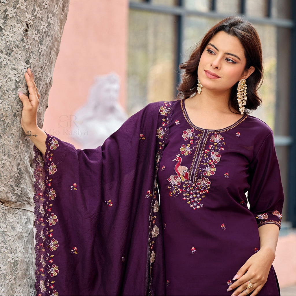 Mayura | Roman Silk Peacock Embroidered Kurta Palazzo Set with Dupatta Purple