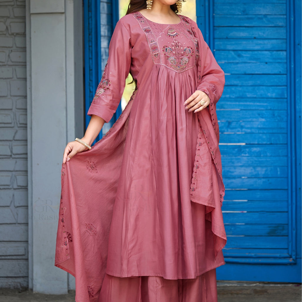 Rose Pink Roman Silk Intricate Embroidery Kurta Palazzo Set with Dupatta
