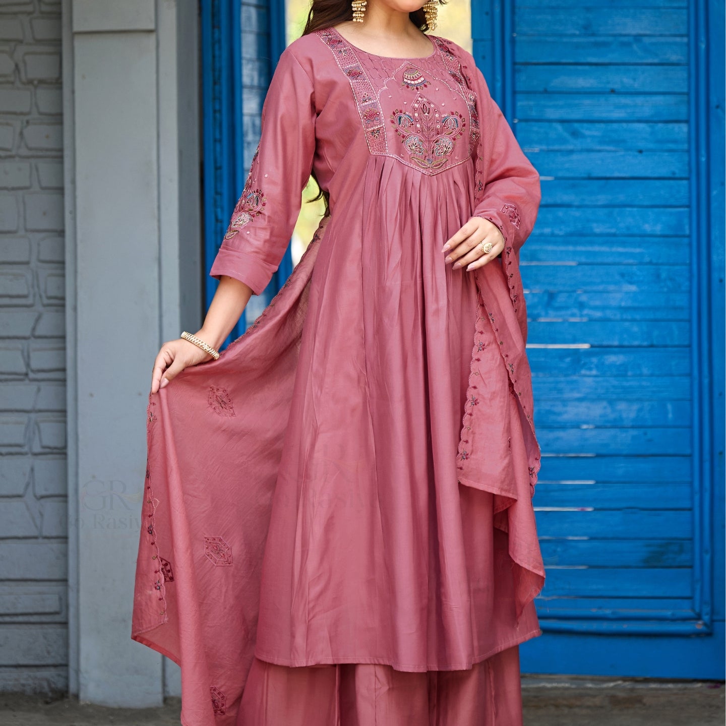 Rose Pink Roman Silk Intricate Embroidery Kurta Palazzo Set with Dupatta