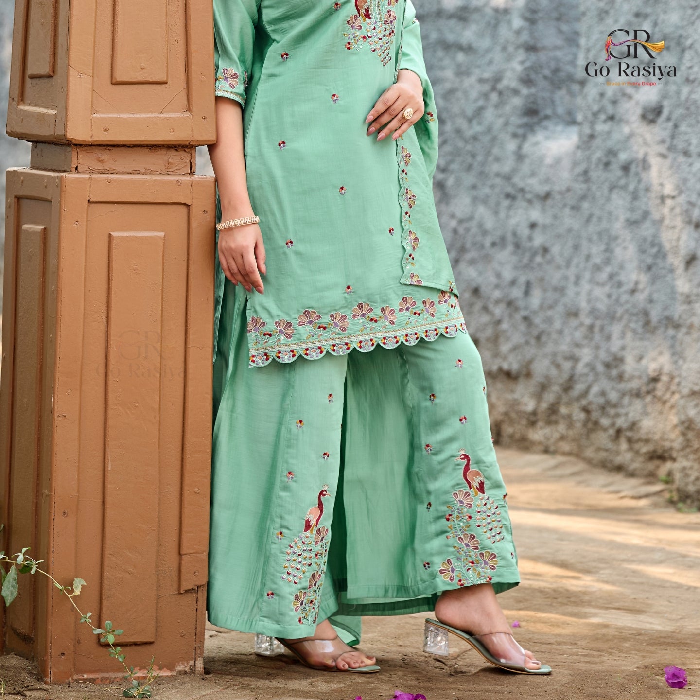 Mayura | Roman Silk Peacock Embroidered Kurta Palazzo Set with Dupatta