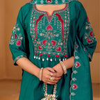 Royal Teal Green Two-Tone Roman Silk Anarkali Kurta Set with Embroidery & Dupatta | Festive Edition