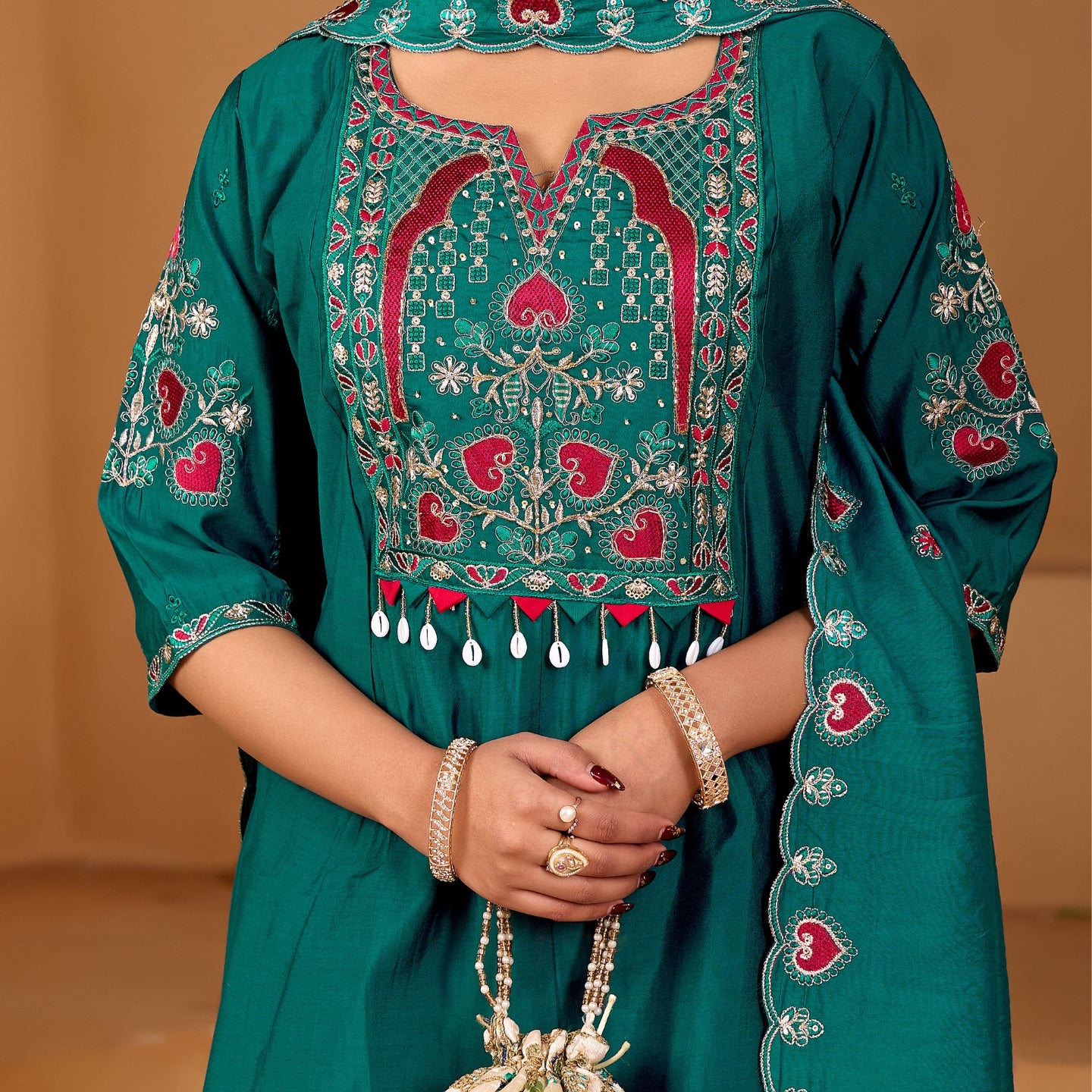 Royal Teal Green Two-Tone Roman Silk Anarkali Kurta Set with Embroidery & Dupatta | Festive Edition