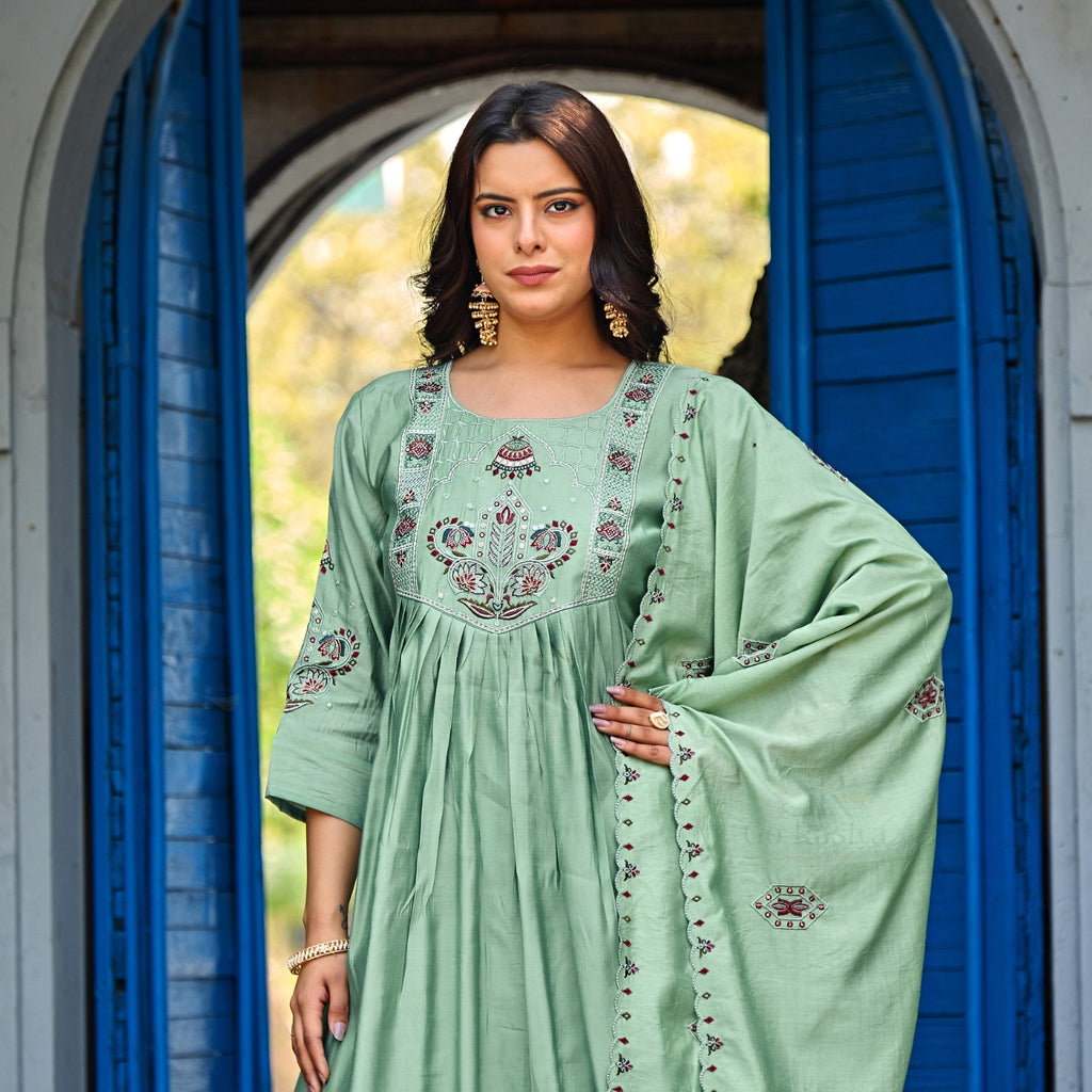 Green Roman Silk Intricate Embroidery Kurta Palazzo Set with Dupatta