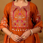 Royal Rust Orange Two-Tone Roman Silk Anarkali Kurta Set with Embroidery & Dupatta | Rust Orange Festive Edition
