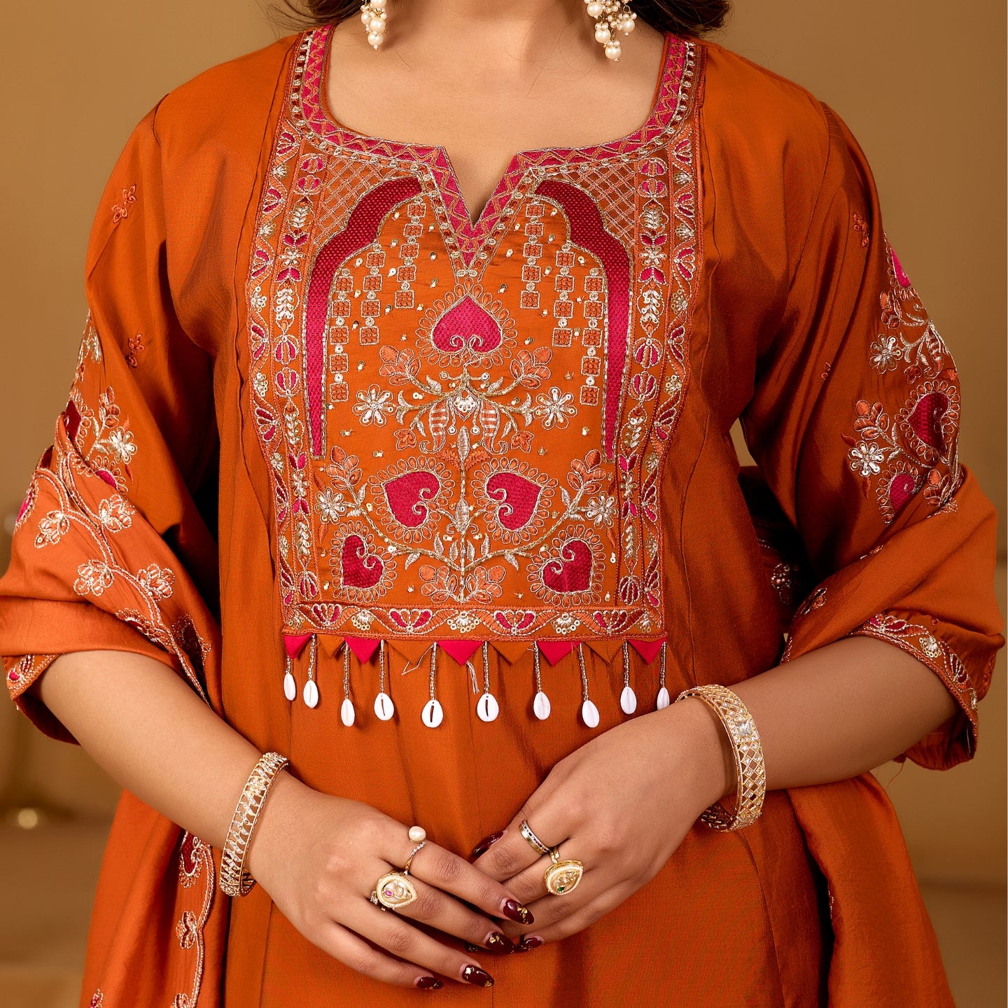 Royal Rust Orange Two-Tone Roman Silk Anarkali Kurta Set with Embroidery & Dupatta | Rust Orange Festive Edition