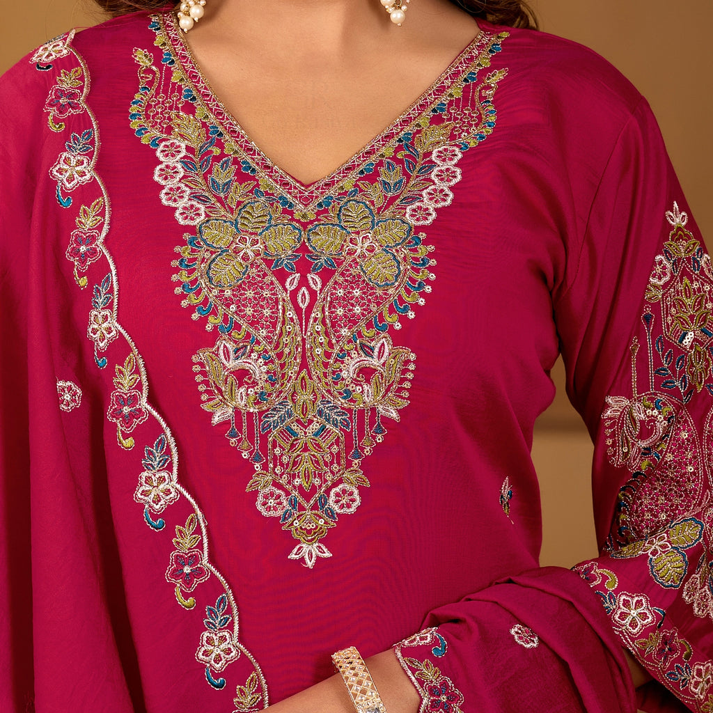 Festive Rani Pink Silk 3-Piece Kurta Pant Set with Dupatta