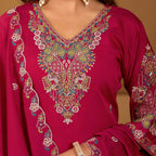 Festive Rani Pink Silk 3-Piece Kurta Pant Set with Dupatta