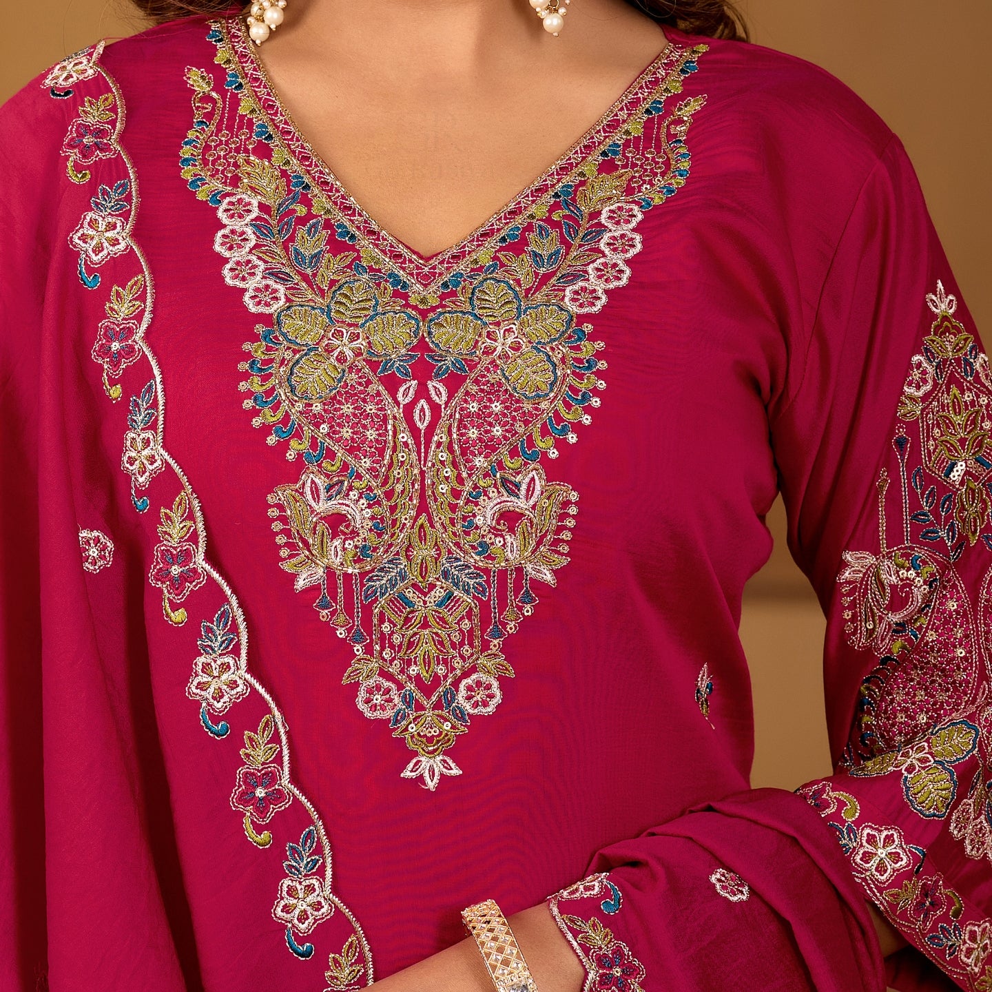 Festive Rani Pink Silk 3-Piece Kurta Pant Set with Dupatta