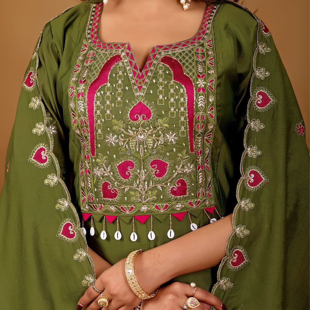 Mehendi Majesty Two-Tone Roman Silk Anarkali Kurta Set with Embroidery & Dupatta | Mehendi Majesty Festive Edition