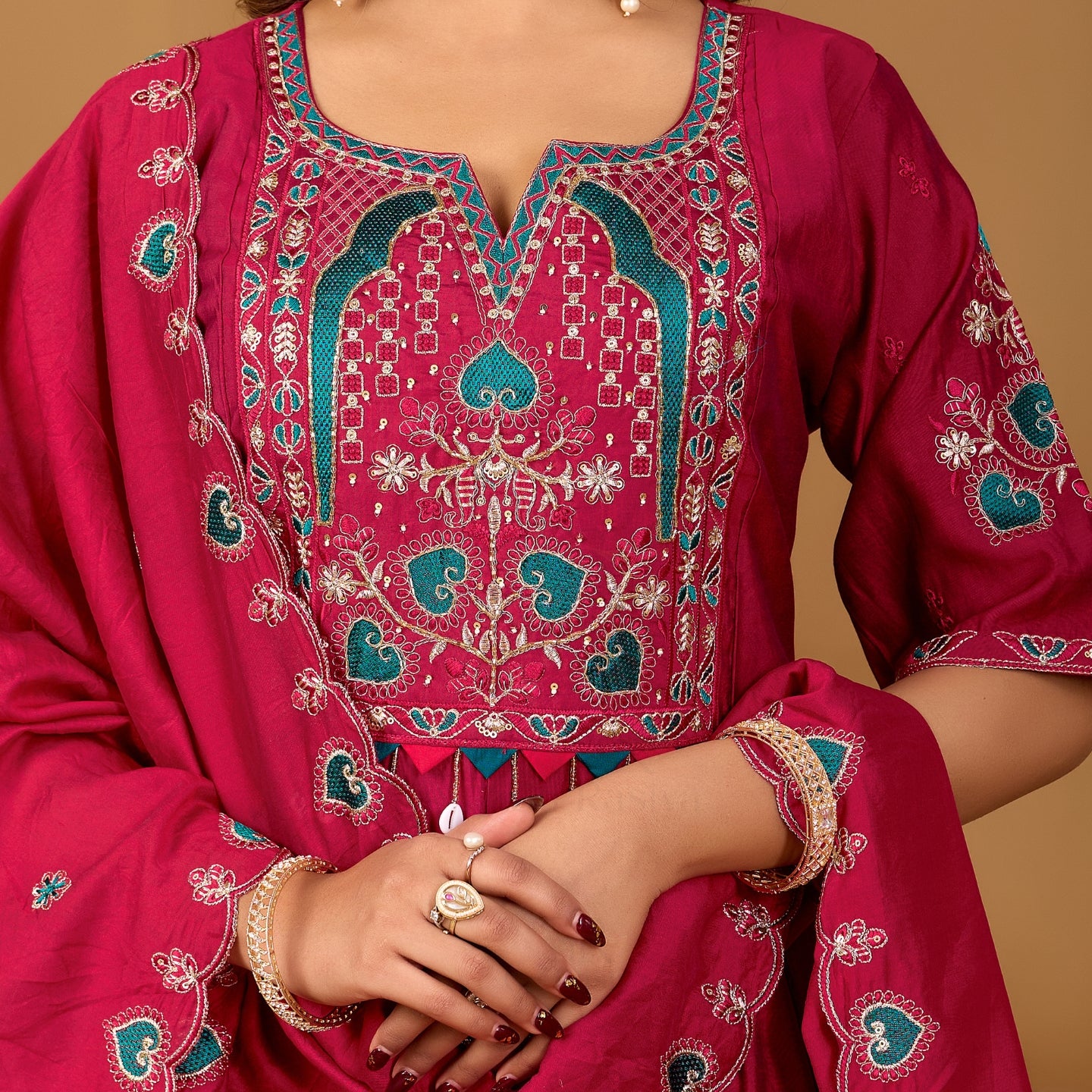 Rani Radiance Two-Tone Roman Silk Anarkali Kurta Set with Embroidery & Dupatta | Rani Radiance Festive Edition