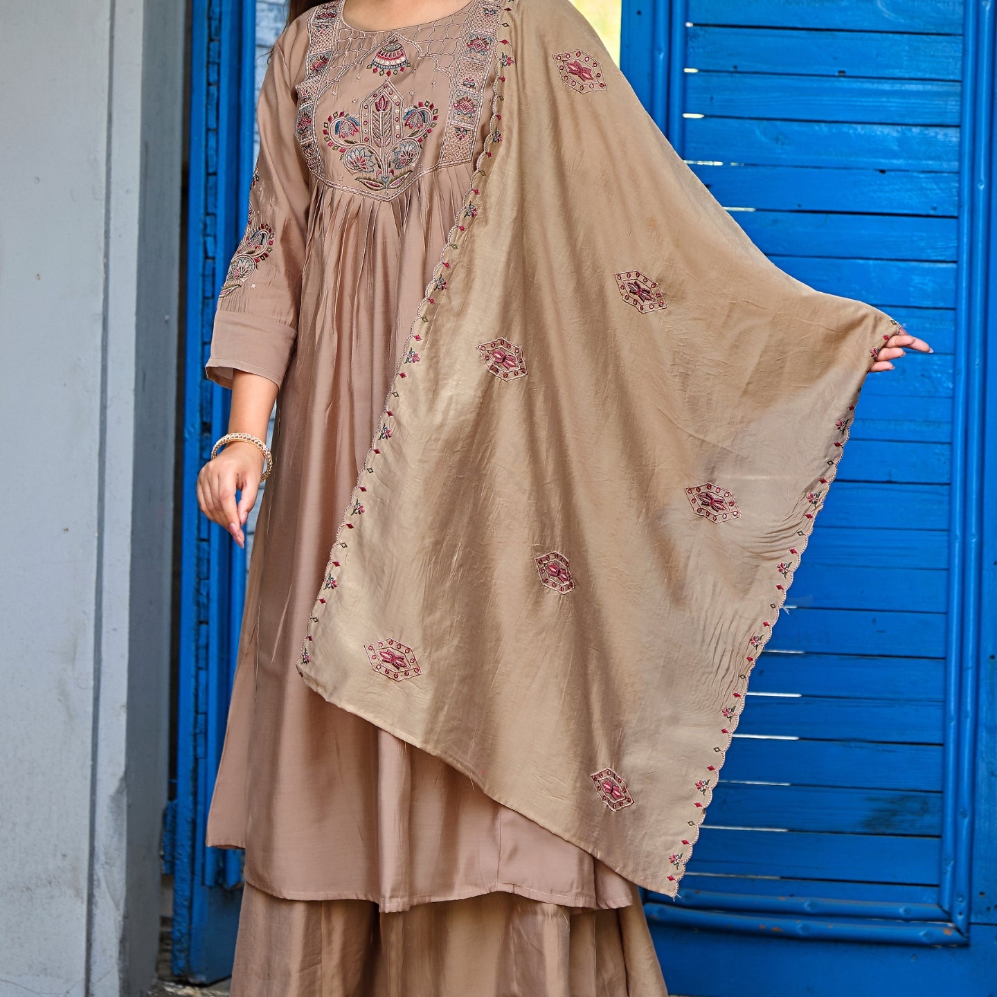 Mocha Beige Roman Silk Intricate Embroidery Kurta Palazzo Set with Dupatta