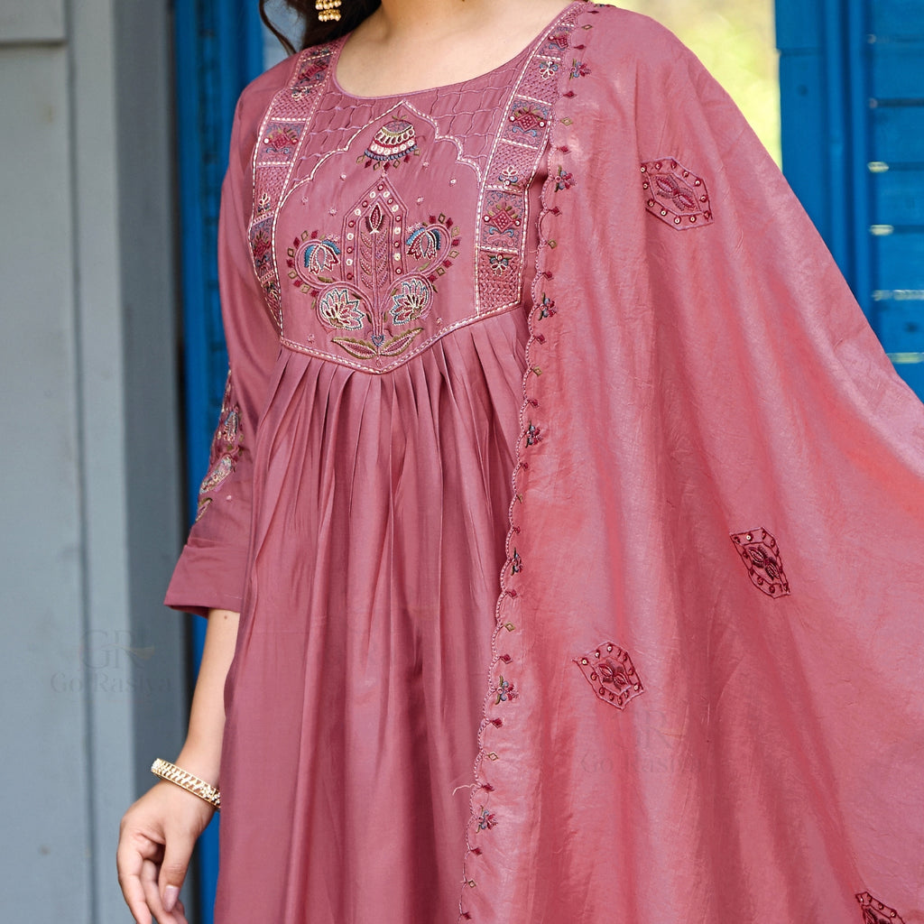 Rose Pink Roman Silk Intricate Embroidery Kurta Palazzo Set with Dupatta