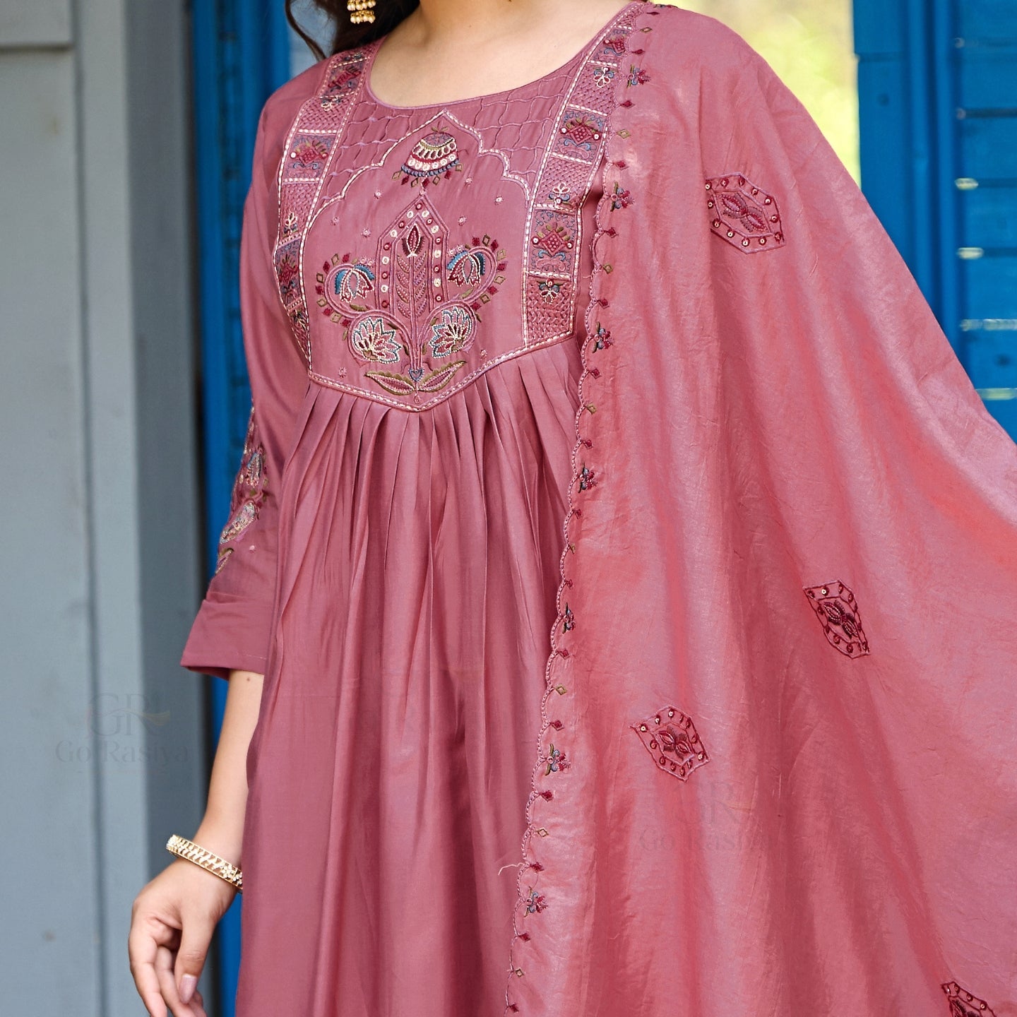 Rose Pink Roman Silk Intricate Embroidery Kurta Palazzo Set with Dupatta
