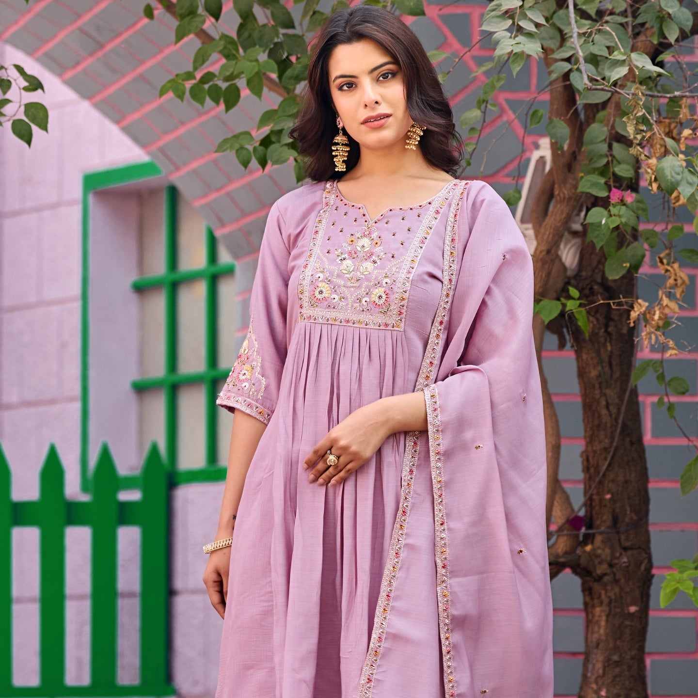 Pink Mal Chanderi Embroidered 3-Piece Kurta Set with Dupatta