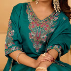 Festive Teal Green Silk 3-Piece Kurta Pant Set with Dupatta