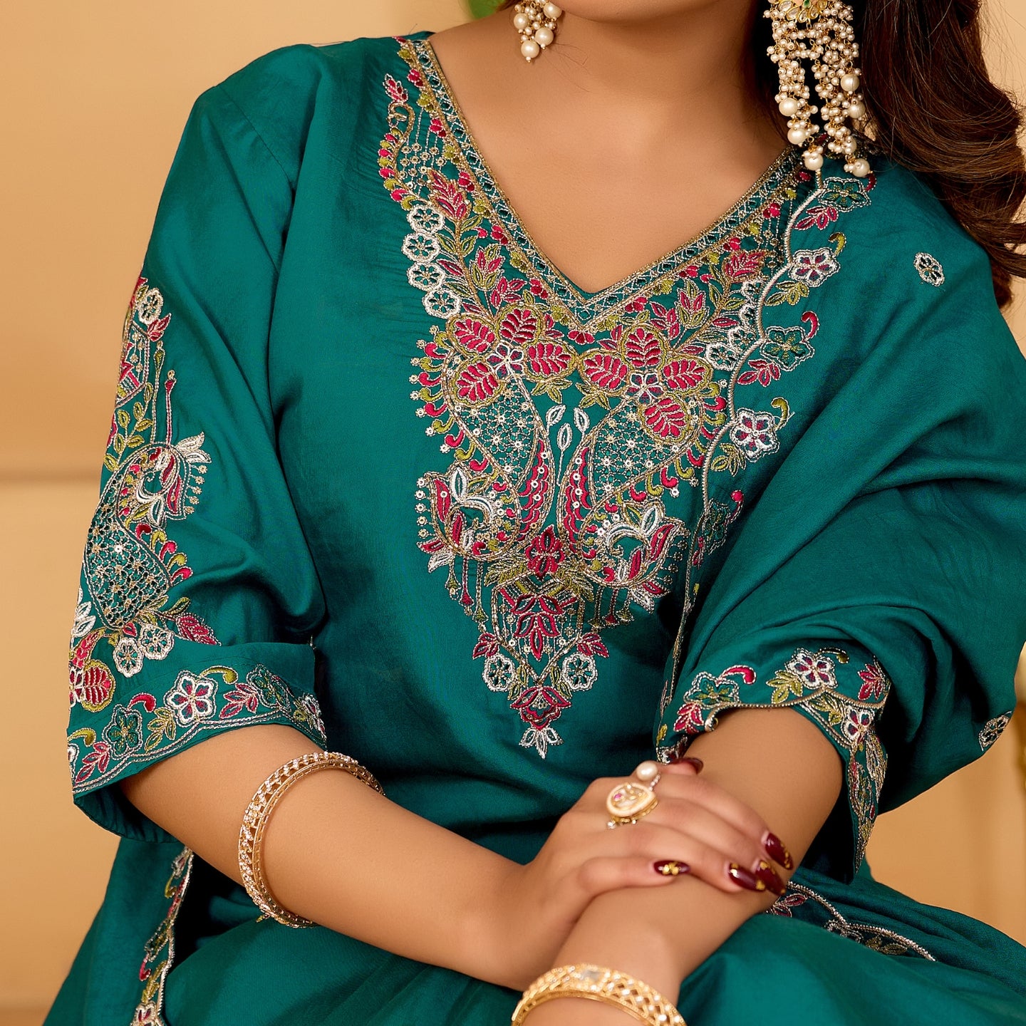 Festive Teal Green Silk 3-Piece Kurta Pant Set with Dupatta