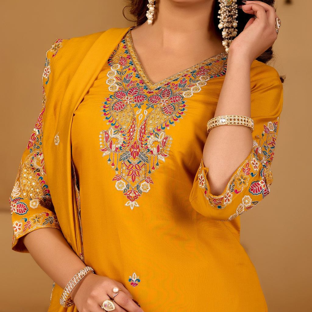 Festive Mustard Yellow Silk 3-Piece Kurta Pant Set with Dupatta
