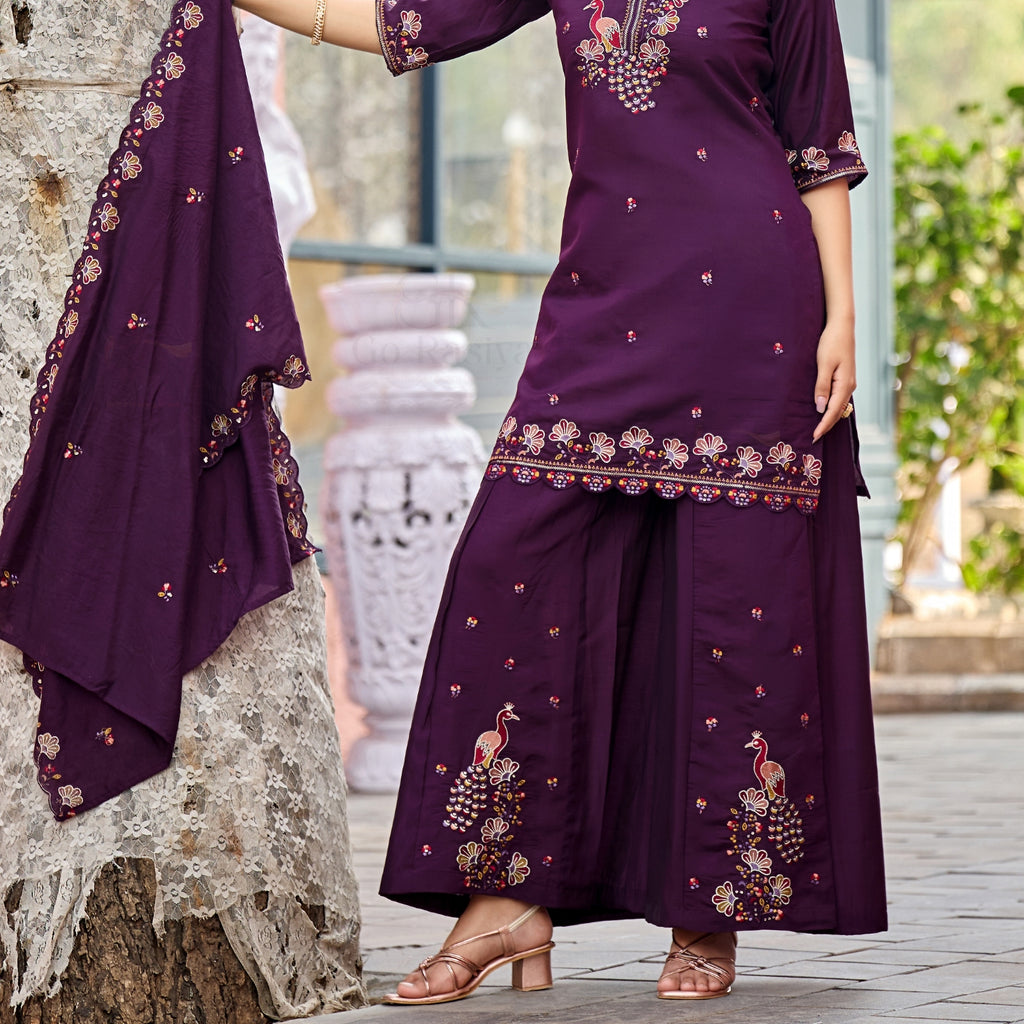 Mayura | Roman Silk Peacock Embroidered Kurta Palazzo Set with Dupatta Purple