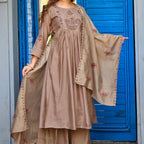 Mocha Beige Roman Silk Intricate Embroidery Kurta Palazzo Set with Dupatta