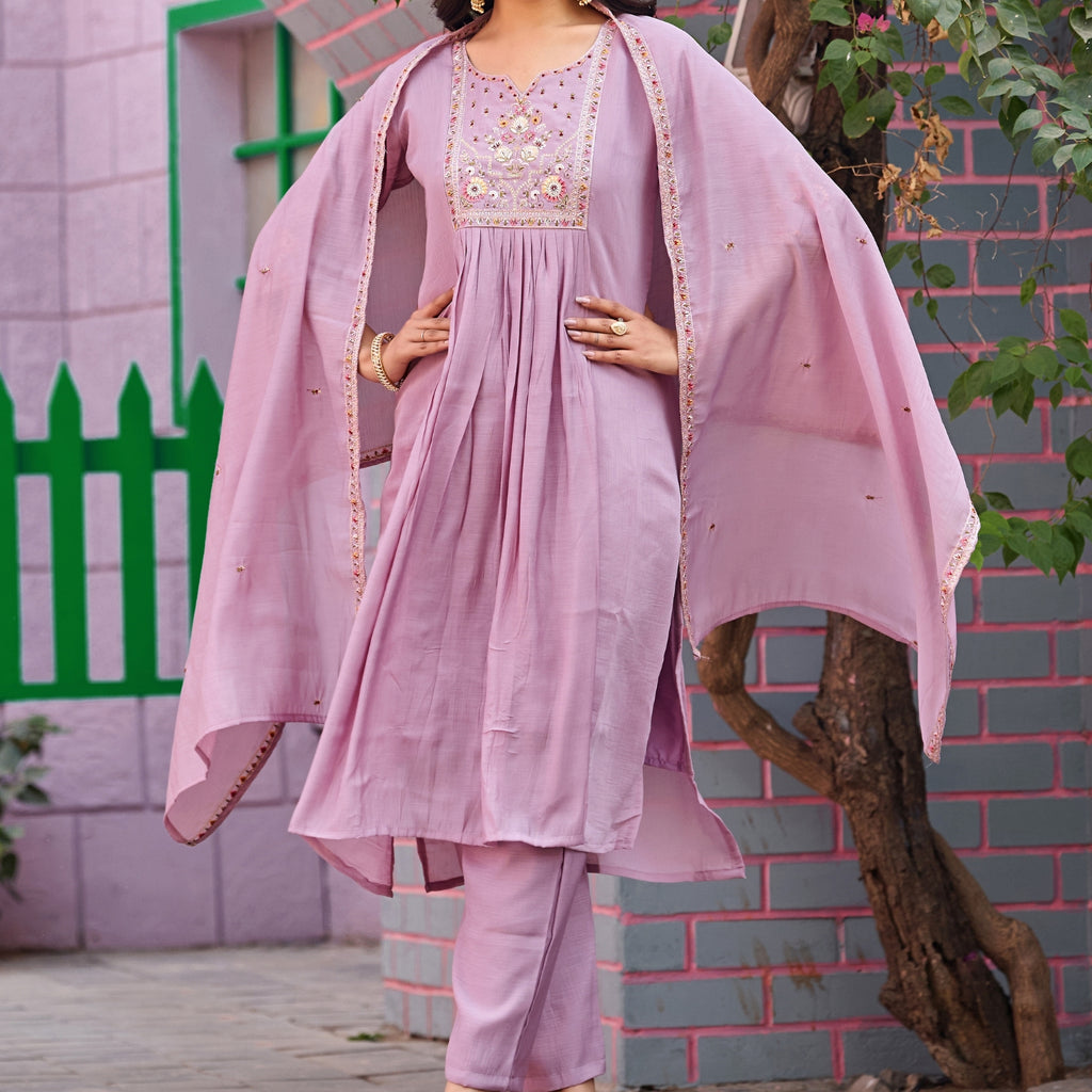 Pink Mal Chanderi Embroidered 3-Piece Kurta Set with Dupatta