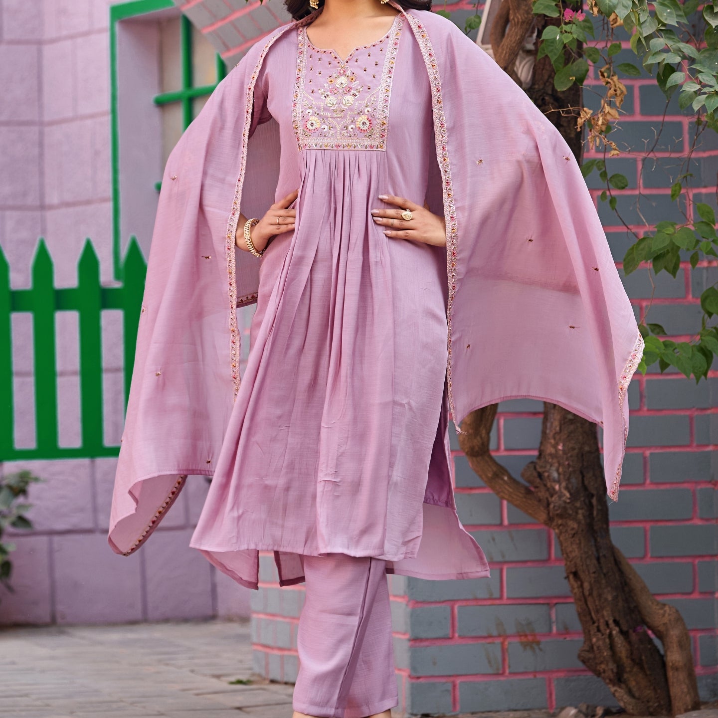 Pink Mal Chanderi Embroidered 3-Piece Kurta Set with Dupatta