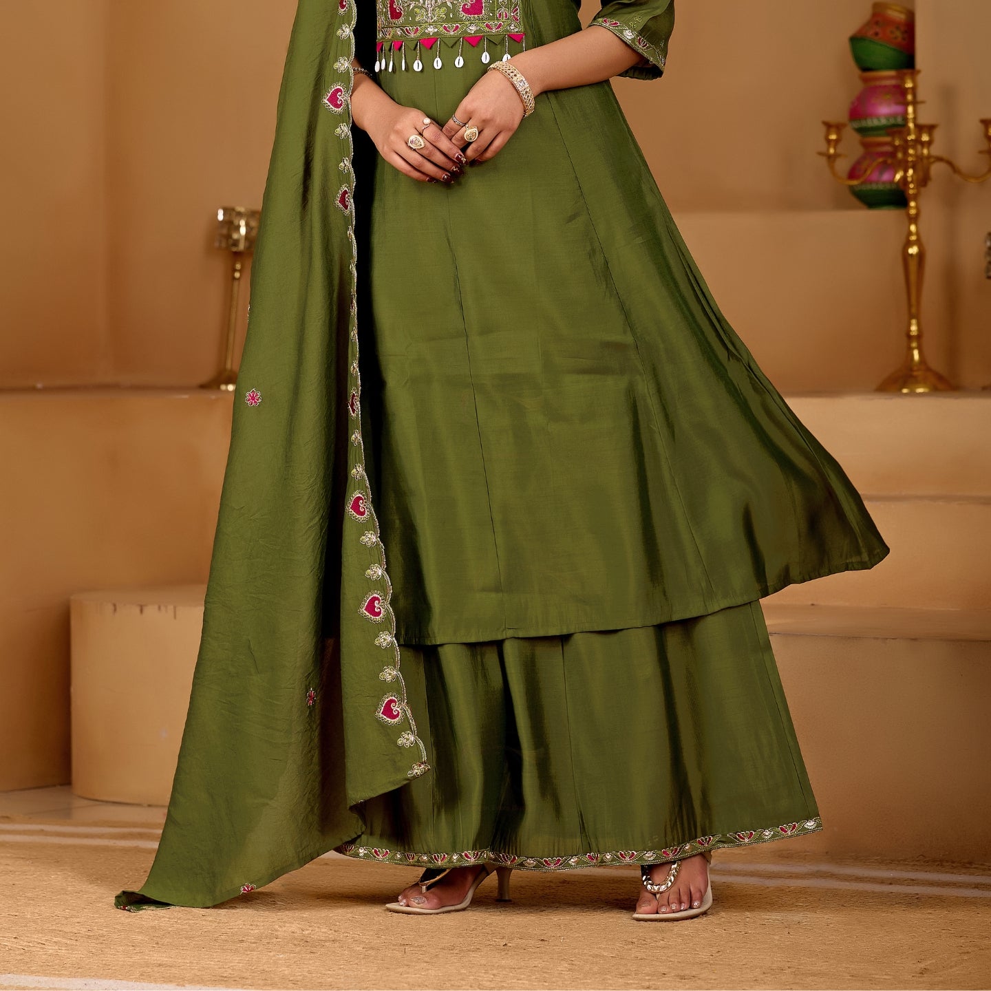 Mehendi Majesty Two-Tone Roman Silk Anarkali Kurta Set with Embroidery & Dupatta | Mehendi Majesty Festive Edition