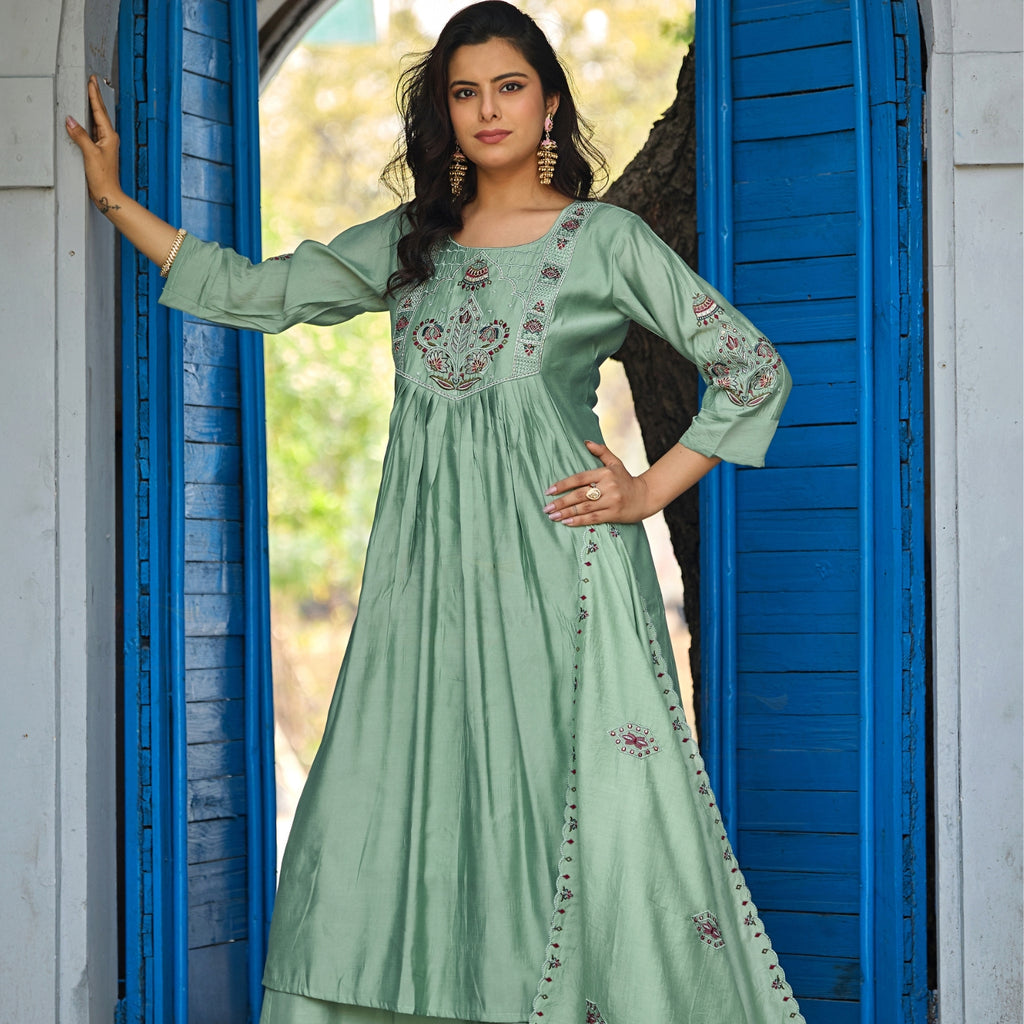 Green Roman Silk Intricate Embroidery Kurta Palazzo Set with Dupatta