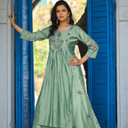 Green Roman Silk Intricate Embroidery Kurta Palazzo Set with Dupatta