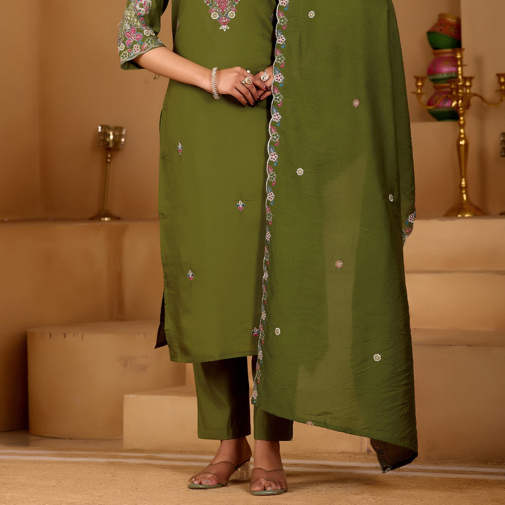 Festive Olive Green Silk 3-Piece Kurta Pant Set with Dupatta