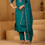 Festive Teal Green Silk 3-Piece Kurta Pant Set with Dupatta