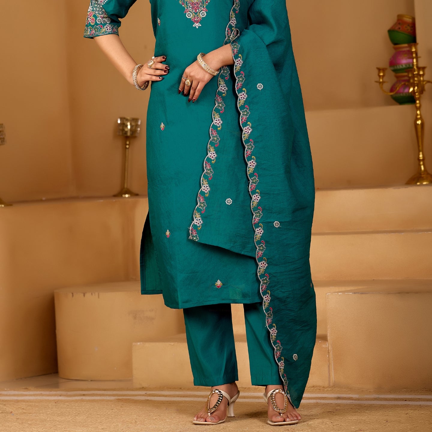 Festive Teal Green Silk 3-Piece Kurta Pant Set with Dupatta