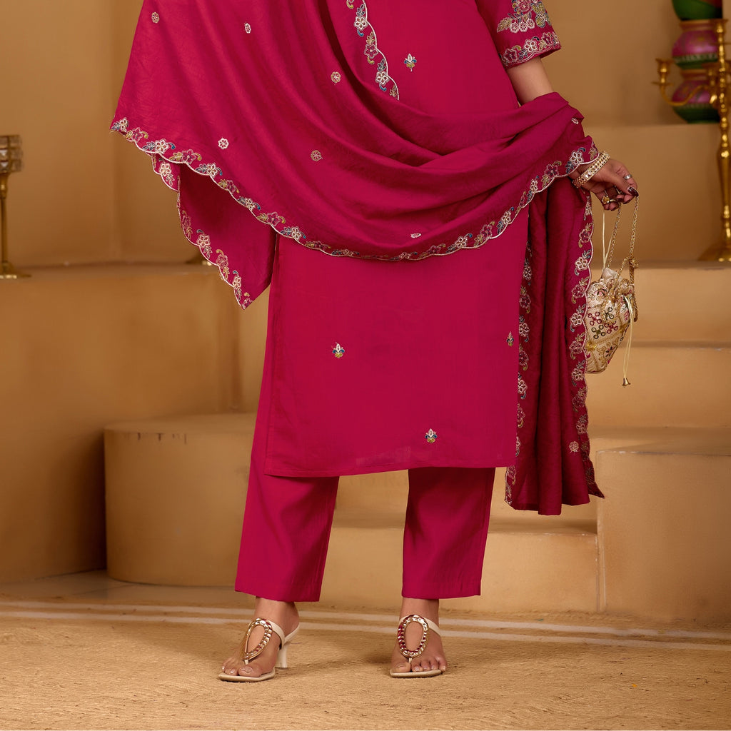 Festive Rani Pink Silk 3-Piece Kurta Pant Set with Dupatta