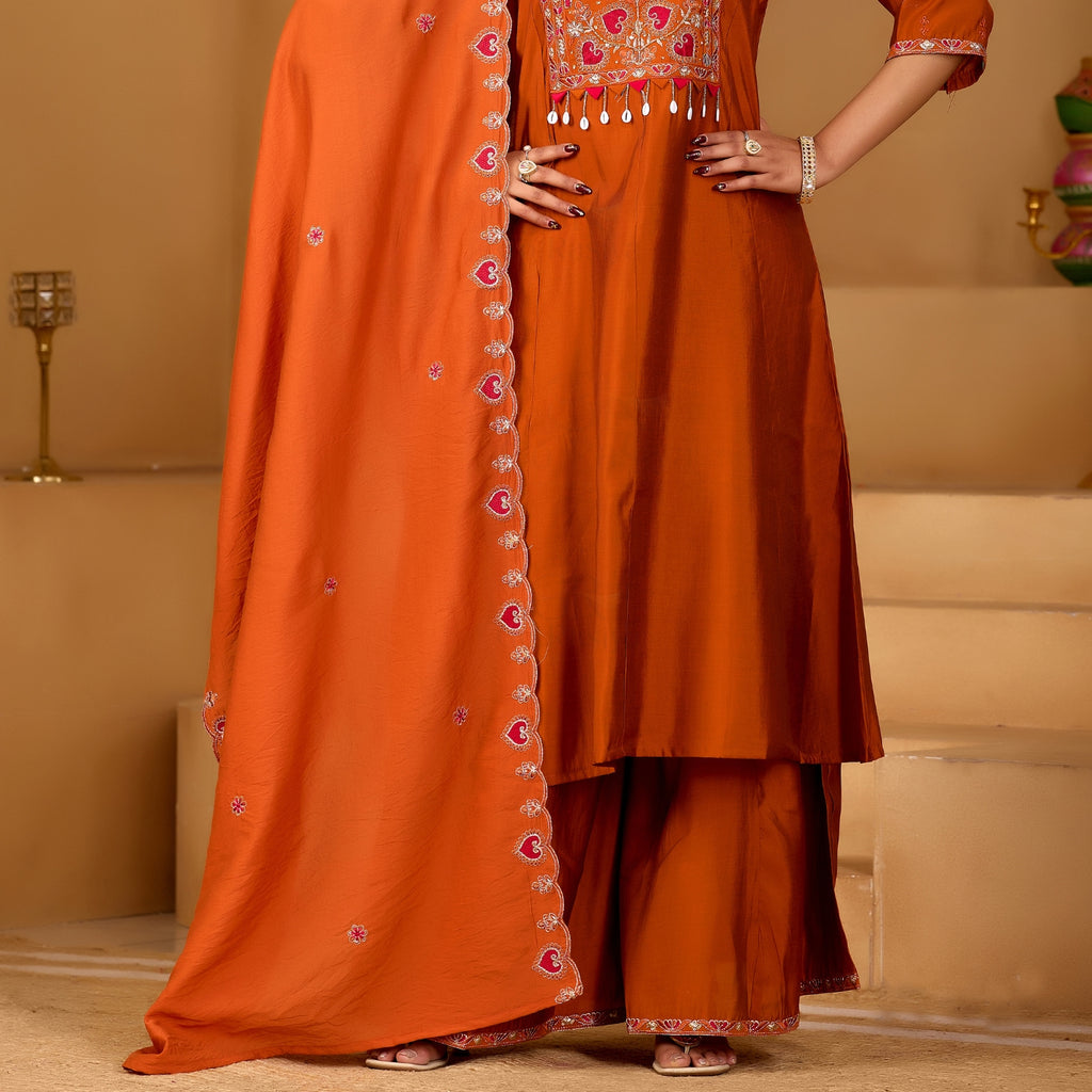 Royal Rust Orange Two-Tone Roman Silk Anarkali Kurta Set with Embroidery & Dupatta | Rust Orange Festive Edition