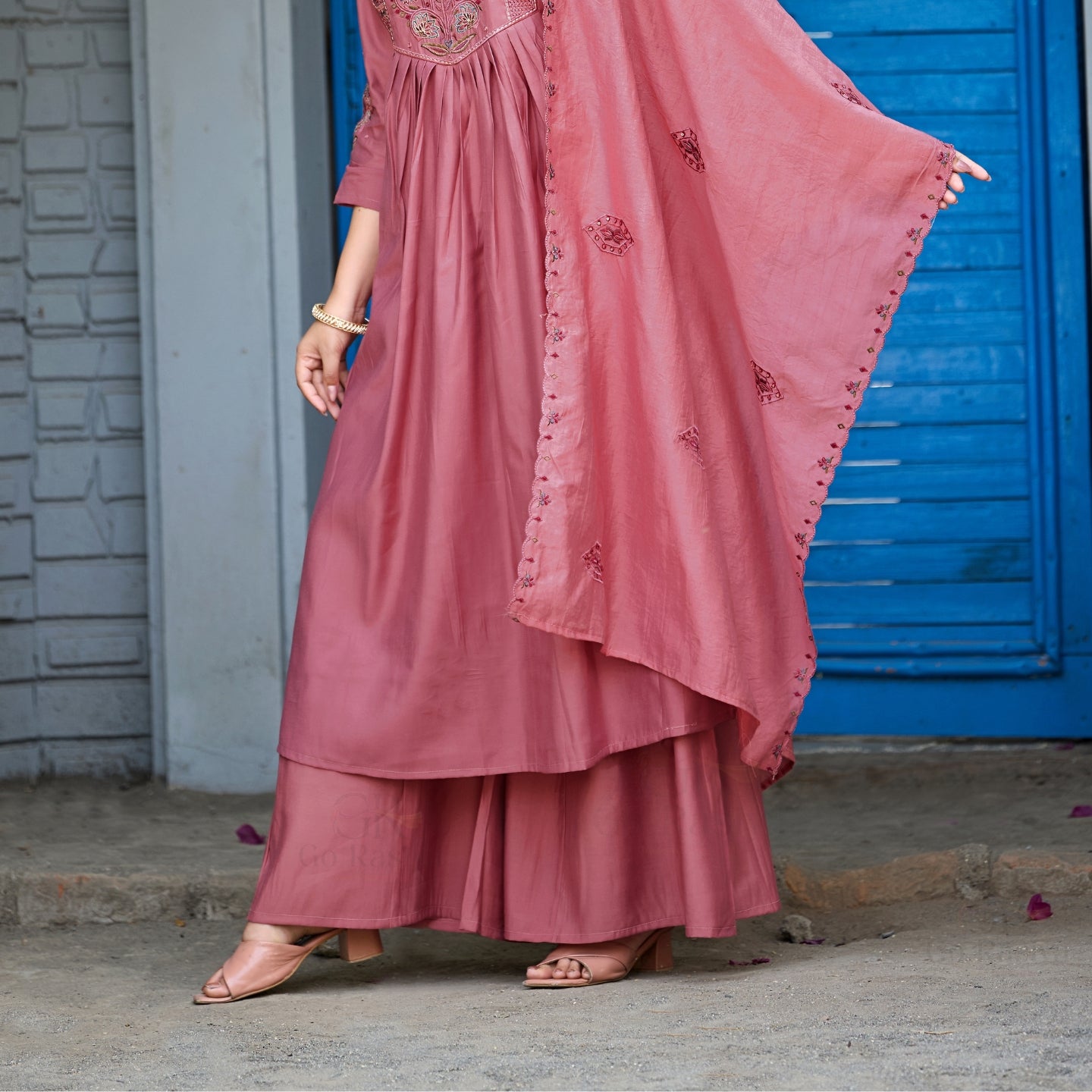 Rose Pink Roman Silk Intricate Embroidery Kurta Palazzo Set with Dupatta