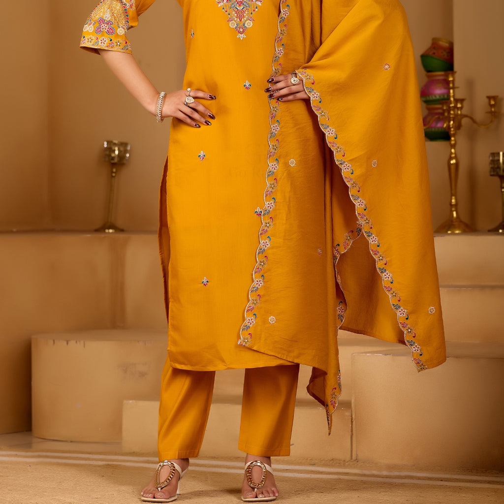Festive Mustard Yellow Silk 3-Piece Kurta Pant Set with Dupatta