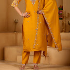 Festive Mustard Yellow Silk 3-Piece Kurta Pant Set with Dupatta