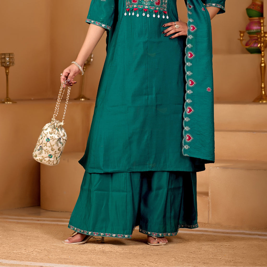 Royal Teal Green Two-Tone Roman Silk Anarkali Kurta Set with Embroidery & Dupatta | Festive Edition