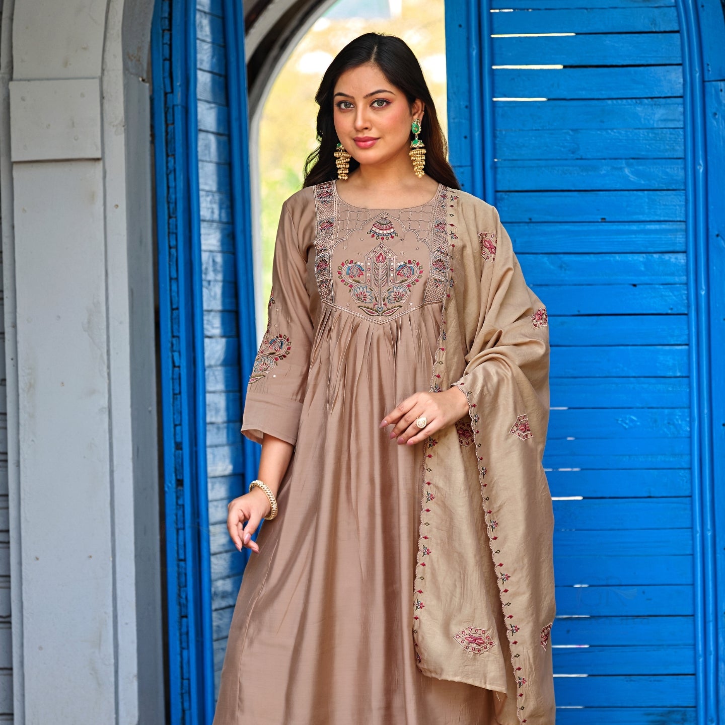 Mocha Beige Roman Silk Intricate Embroidery Kurta Palazzo Set with Dupatta