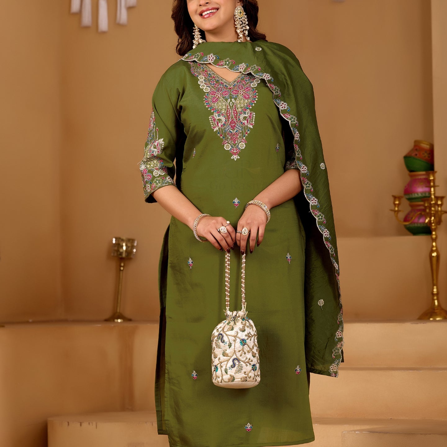 Festive Olive Green Silk 3-Piece Kurta Pant Set with Dupatta