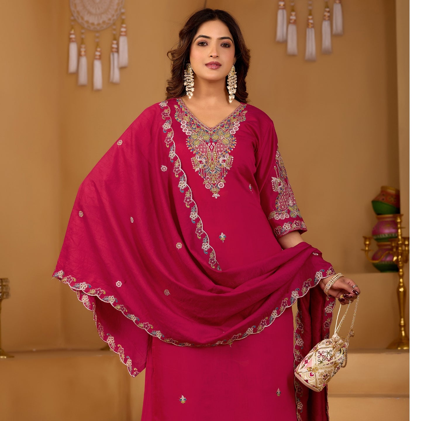 Festive Rani Pink Silk 3-Piece Kurta Pant Set with Dupatta