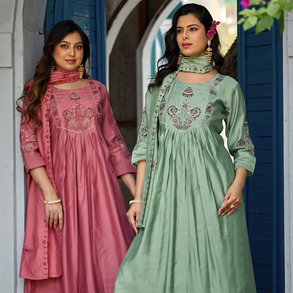 Green Roman Silk Intricate Embroidery Kurta Palazzo Set with Dupatta